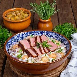 Рецепт Тюря с копчёной свининой и маринованным луком на квасе - Сборка тюри