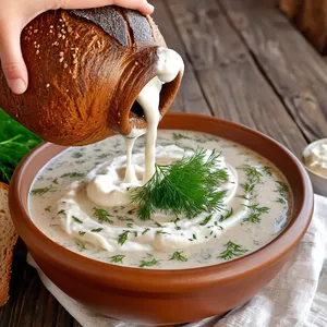 Рецепт Тюря с копчёной свининой и маринованным луком на квасе - Заправка и подача