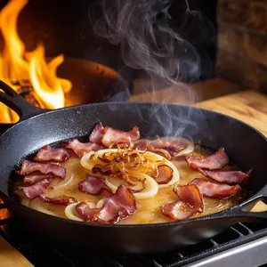 Рецепт Тюря с копчёным беконом и хреном на квасе - Обжарка бекона и лука
