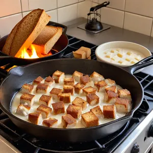 Рецепт Тюря с копчёным салом и чесноком на квасе - Обжарка хлеба и сала