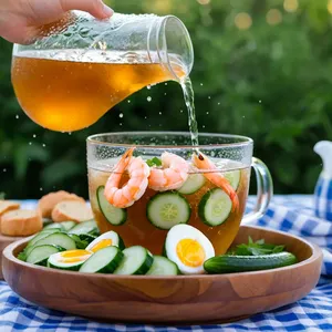 Рецепт Тюря с копчёными креветками и лимоном на квасе - Заправка квасом