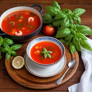 Рецепт Томатный бульон с морепродуктами и базиликом - Добавление базилика и подача