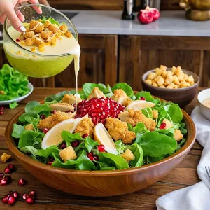 Рецепт Цезарь с гранатом и жареной курицей - Сборка салата