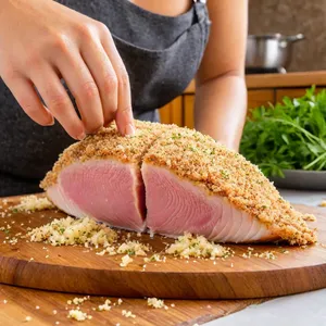 Рецепт Тунец с хрустящей корочкой из пармезана и травами - Обваливание тунца в панировке