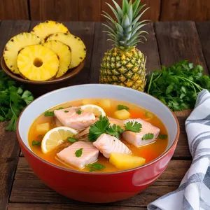 Рецепт Уха из кефали с ананасом и кинзой - Подача ухи