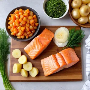 Рецепт Уха из лосося с морошкой и укропом - Подготовка ингредиентов
