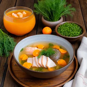 Рецепт Уха из морского окуня с мандарином и шалфеем - Подача ухи