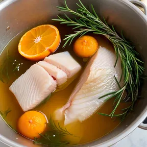 Рецепт Уха из палтуса с мандарином и розмарином - Добавление рыбы и ароматов