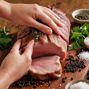 Рецепт Вяленая свинина с кориандром и чесноком - Натирание мяса специями