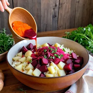 Рецепт Винегрет с копченой уткой и вишневой заправкой - Сборка винегрета