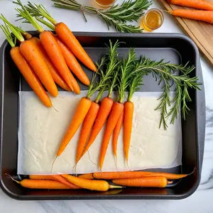 Рецепт Запечённая морковь с кленовым сиропом и розмарином - Выкладка на противень