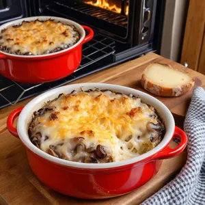 Рецепт Жюльен с грибами и карамелизированным луком в сливочном соусе - Запекание с сыром