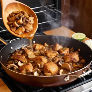 Рецепт Жюльен с курицей и шампиньонами под сырной корочкой - Обжарка курицы и грибов