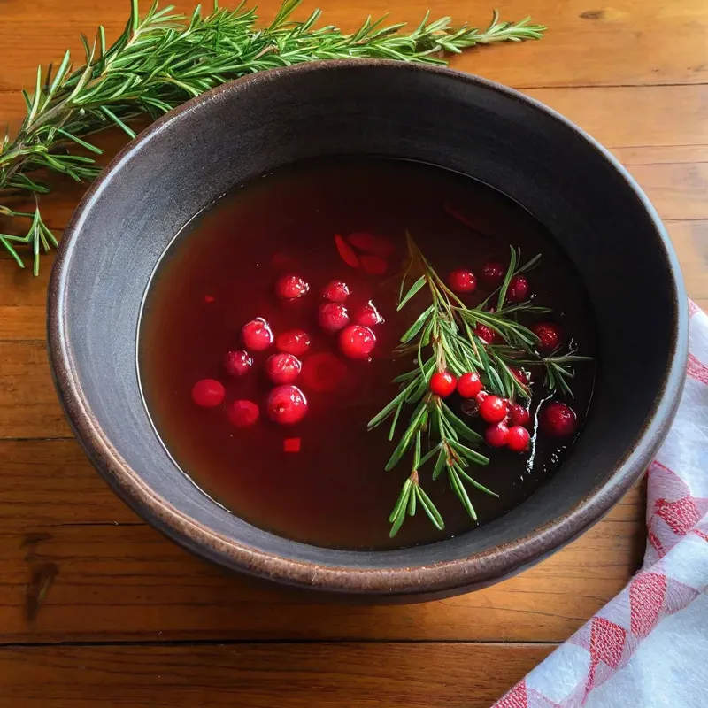 Рецепт Бульон из оленины с брусникой и розмарином