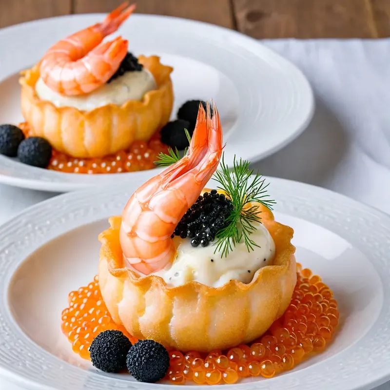 Рецепт Яичные корзинки с креветками и икорным кремом