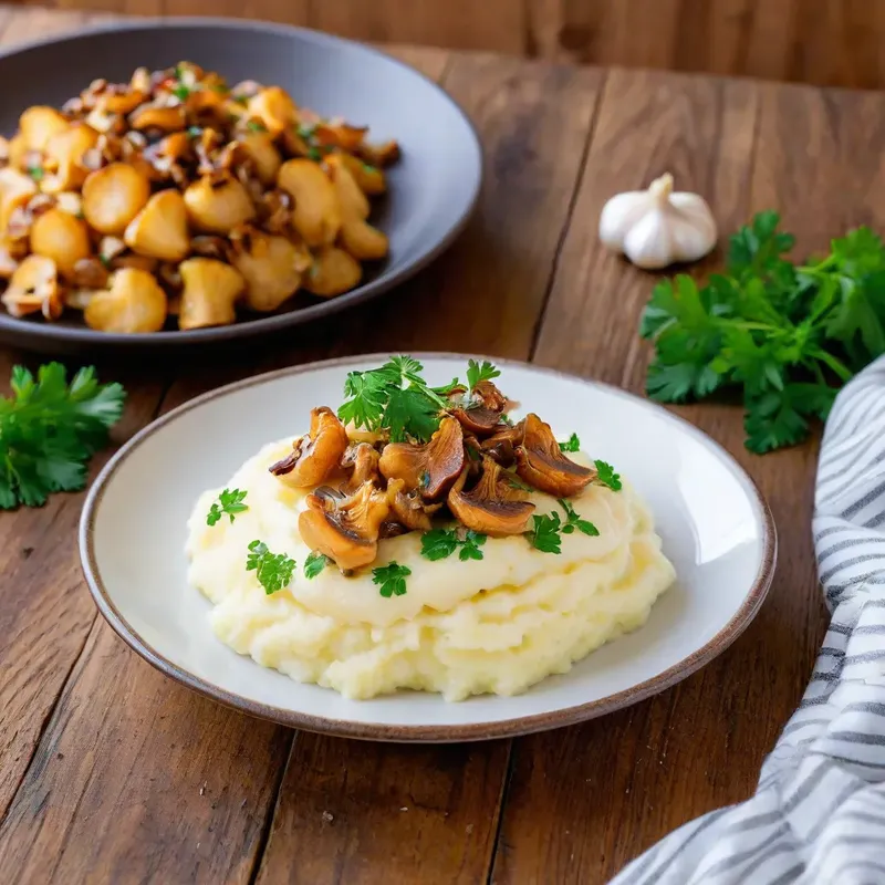 Рецепт Картофельное пюре с обжаренными лисичками и чесночным маслом