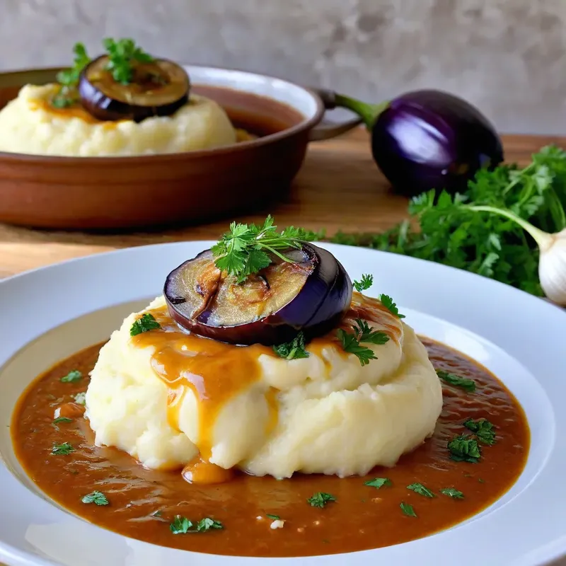 Рецепт Картофельное пюре с печеными баклажанами и чесночным соусом