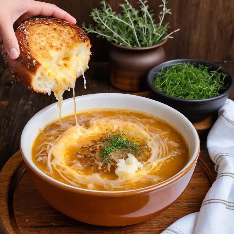 Рецепт Луковый суп с карамелизированным чесноком и тимьяном
