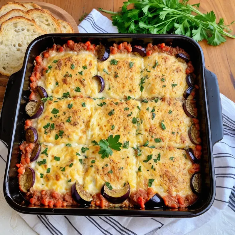 Рецепт Мясная запеканка с баклажанами и сулугуни