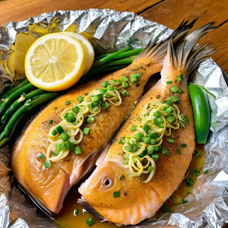 Рецепт Окунь в фольге с лимоном и зеленым луком