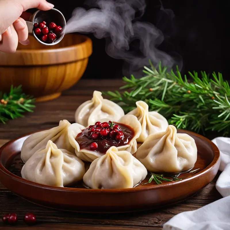 Рецепт Пельмени с косулей и можжевельником в брусничном соусе