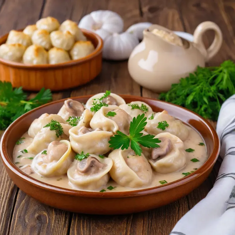 Рецепт Пельмени с курицей и шампиньонами в сливочном соусе