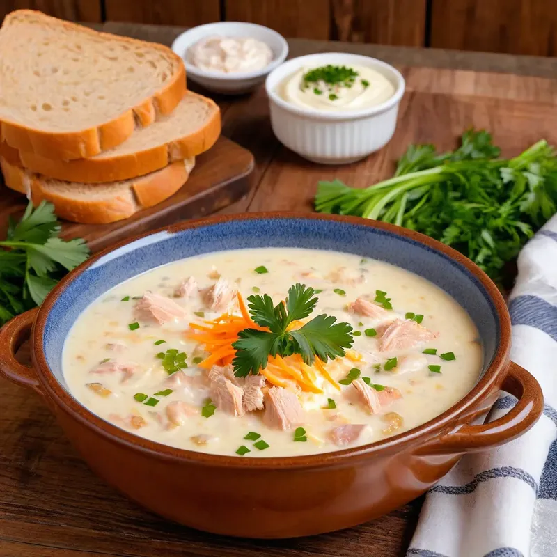 Рецепт Потаж из копченой курицы с сельдереем и плавленым сыром