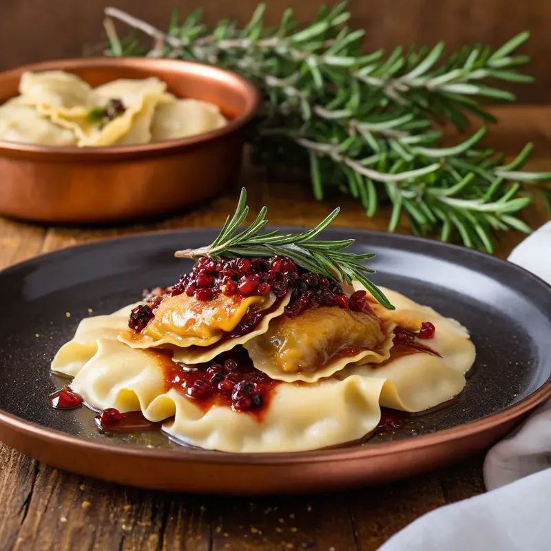 Рецепт Равиоли с фаршем из кабана и можжевеловым соусом