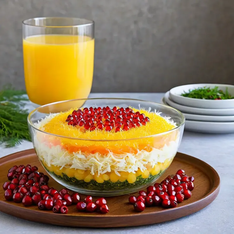 Рецепт Салат "Мимоза" с копченой индейкой и гранатом