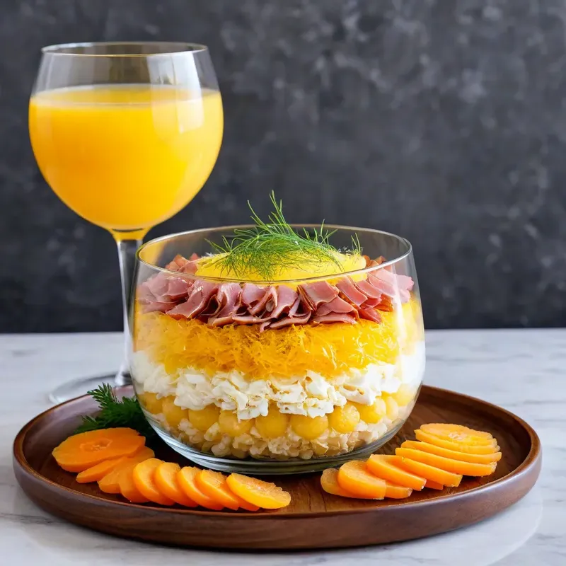 Рецепт Салат "Мимоза" с копченой уткой и айвой