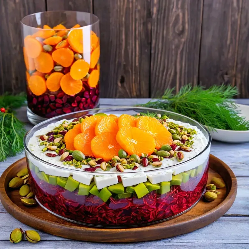 Рецепт Сельдь под шубой с мандарином и фисташками