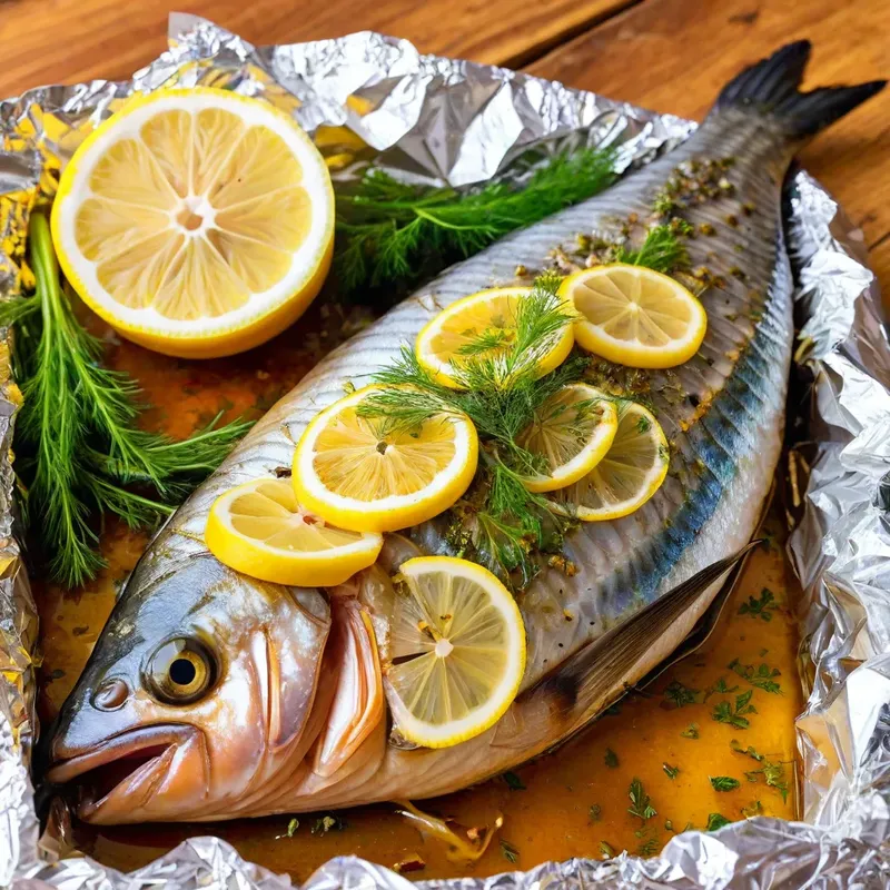 Рецепт Скумбрия в фольге с лимоном и укропом