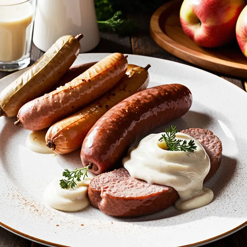 Рецепт Сосиски с соусом из хрена и жареным яблоком