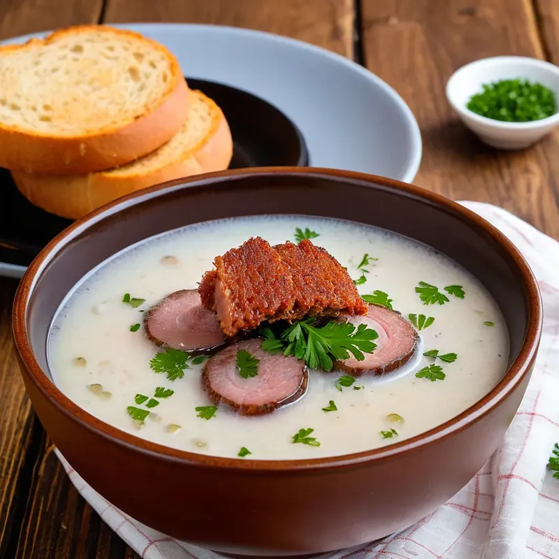 Рецепт Тюря с копчёной свининой и маринованным луком на квасе