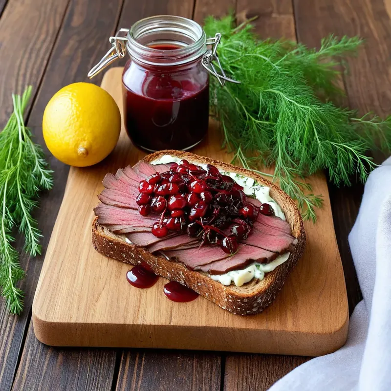 Рецепт Тост с копчёной олениной и брусничным соусом