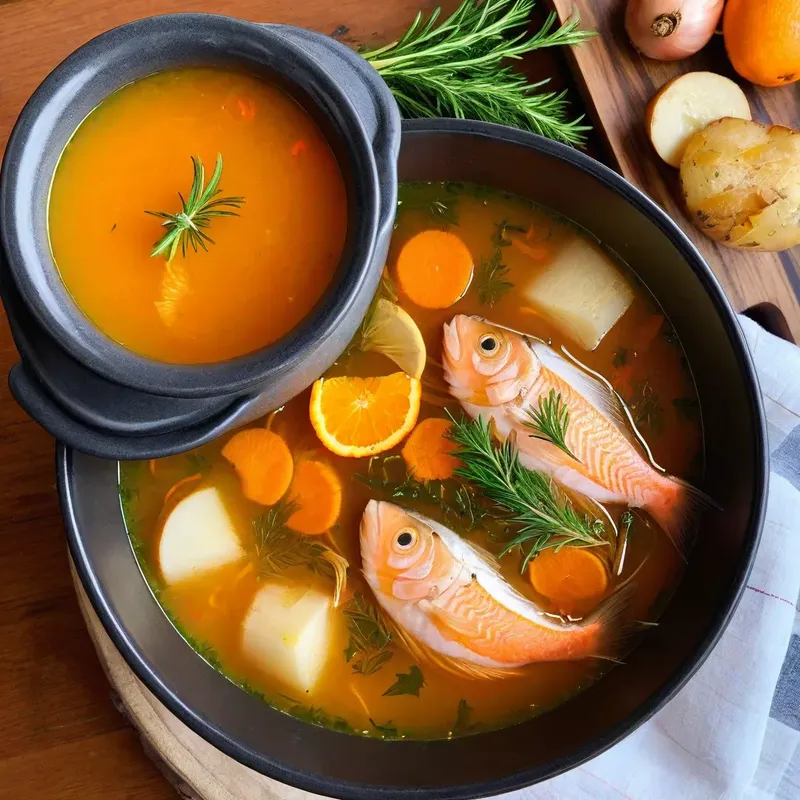 Рецепт Уха из кеты с апельсином и розмарином