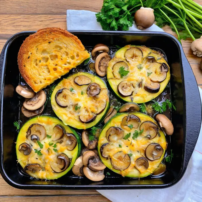 Рецепт Запечённые кабачки с грибами и чеддером