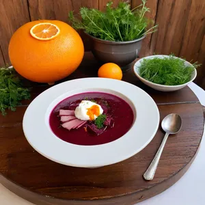 Борщ с копченой уткой и апельсином