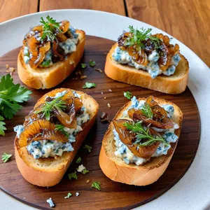 Брускетты с карамелизированным луком и голубым сыром