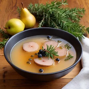 Бульон из куропатки с можжевельником и грушей
