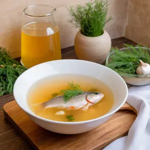 Бульон из судака с можжевельником и чесноком