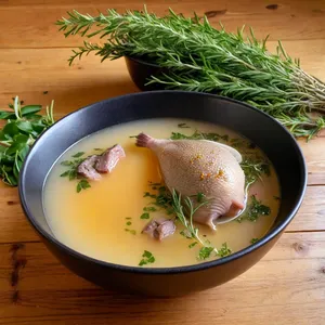 Бульон из цесарки с лавандой и черным перцем