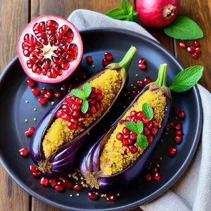 Фаршированные баклажаны с киноа и гранатовым соусом