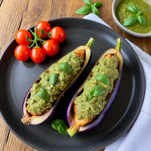 Фаршированные баклажаны с курицей и соусом песто