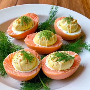 Фаршированные яйца с лососем и укропным соусом