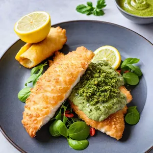 Фиш-энд-чипс с корочкой из чиабатты и лимонным песто