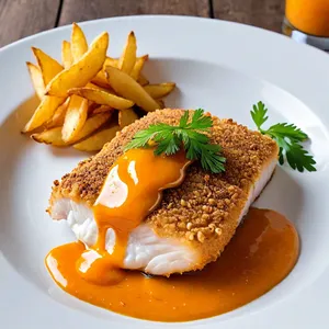 Фиш-энд-чипс с корочкой из фундука и апельсиновым соусом