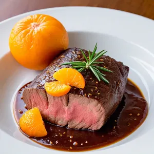 Говядина, томлёная с мандаринами и мускатным орехом