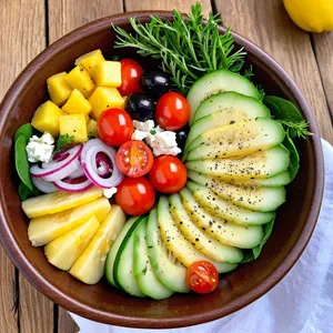 Греческий салат с ананасом и кокосовой стружкой