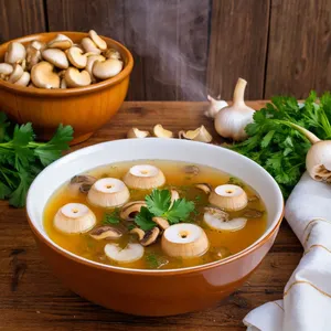 Грибной бульон с белыми грибами и чесночными гренками